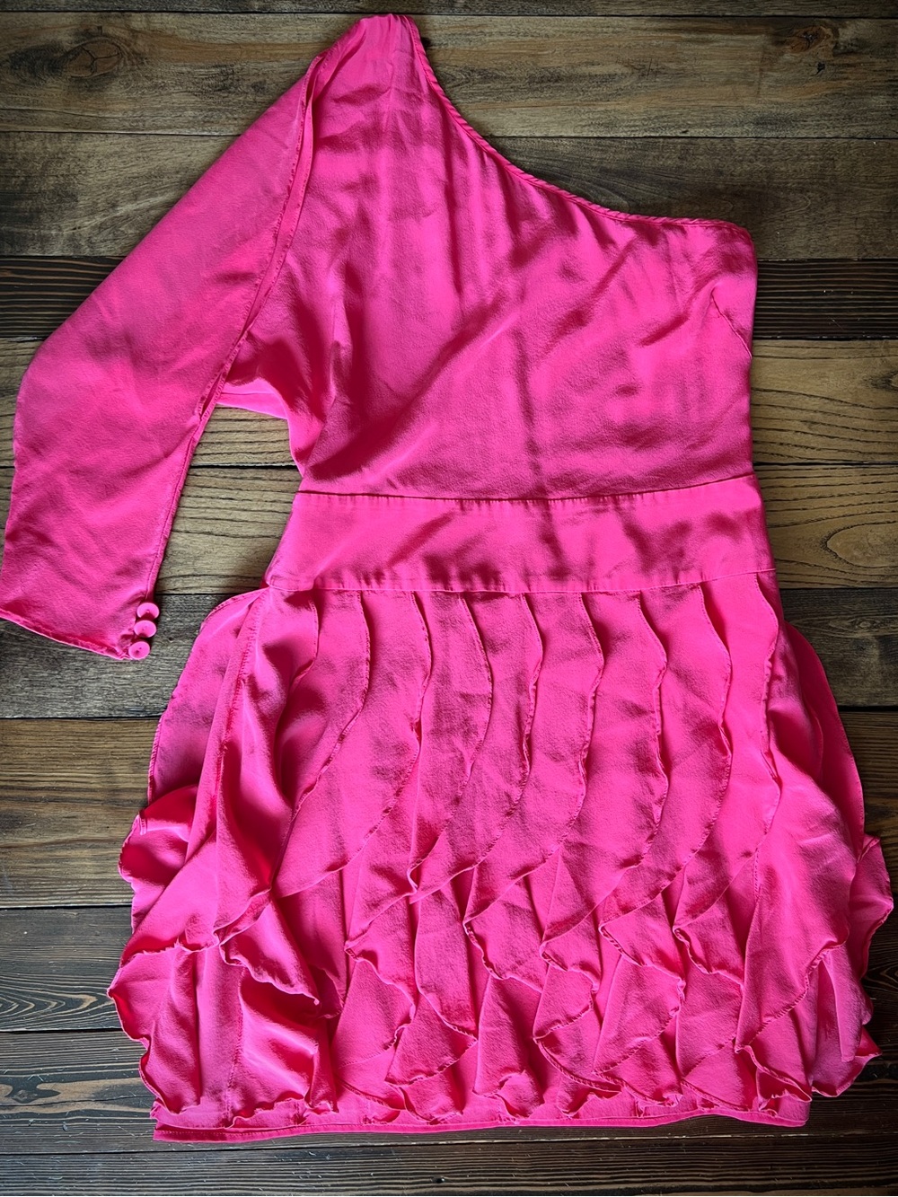 BCBGMAXAZRIA • Azalea pink 100% silk one shoulder ruffle cocktail dress mini